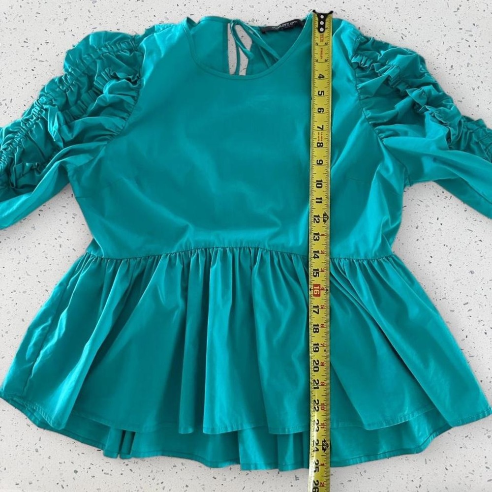 Marc New York Andrew Marc Teal Ruched Puff Sleeve Peplum Top Small Blouse - Picture 5 of 7